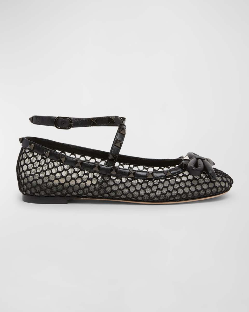 Rockstud Net Ankle-Strap Ballerina Flats